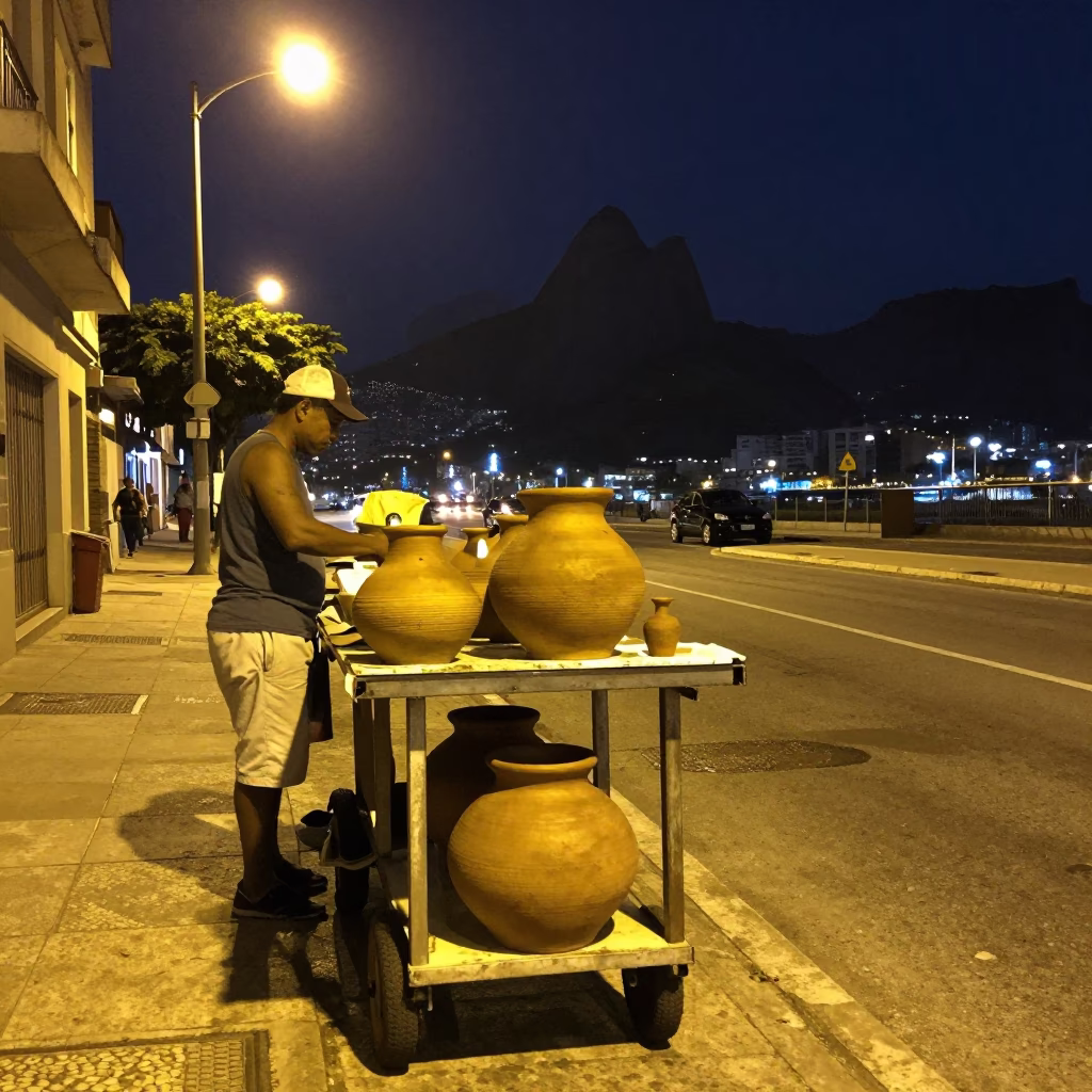 Late Night Rio Street Scene with Clay Pot and Drying Rack in in Rio de Janeiro, Brazil