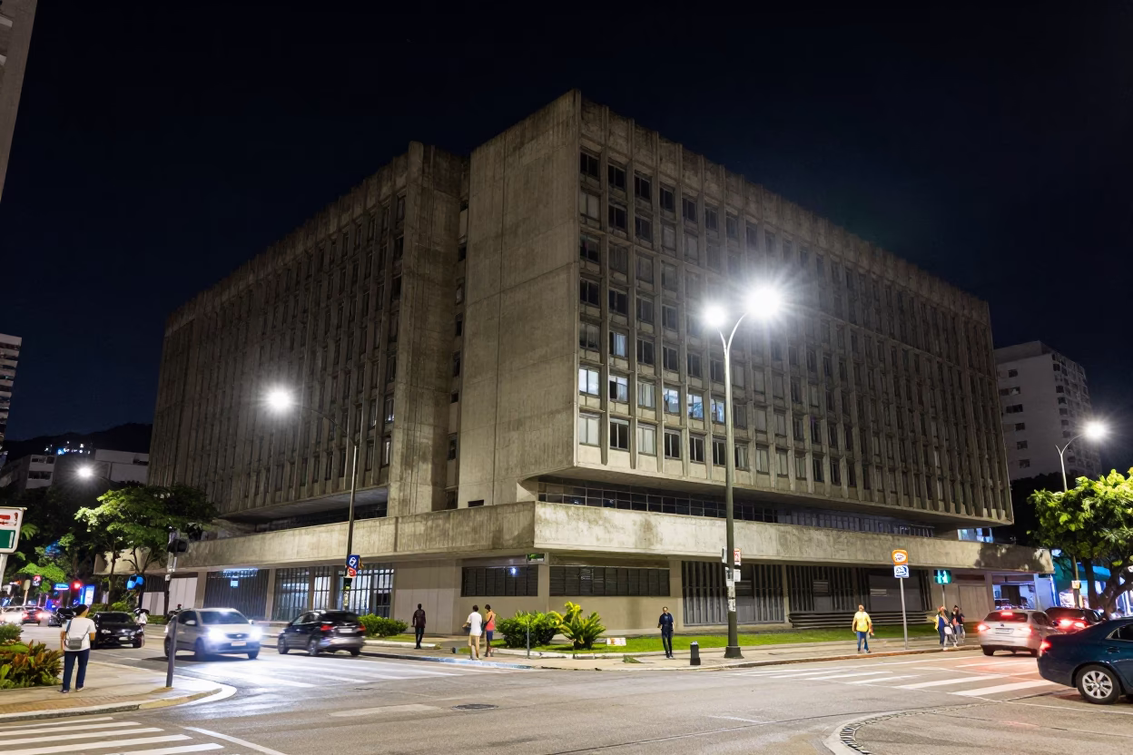 Late Night Rio Street Scene with Concrete Brutalist Architecture and Vibrant Urban Life in in Rio de Janeiro, Brazil