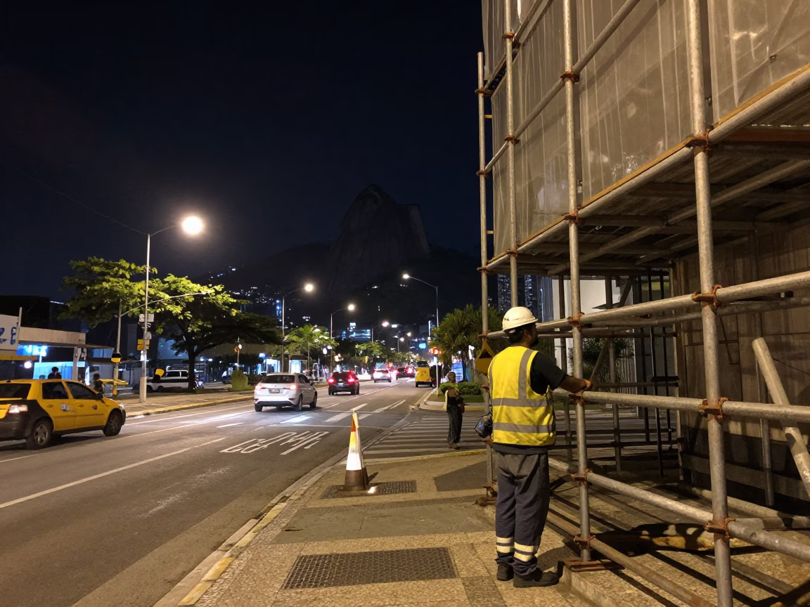 Late Night Rio Street Scene With Scaffolding and Local Commerce in in Rio de Janeiro, Brazil