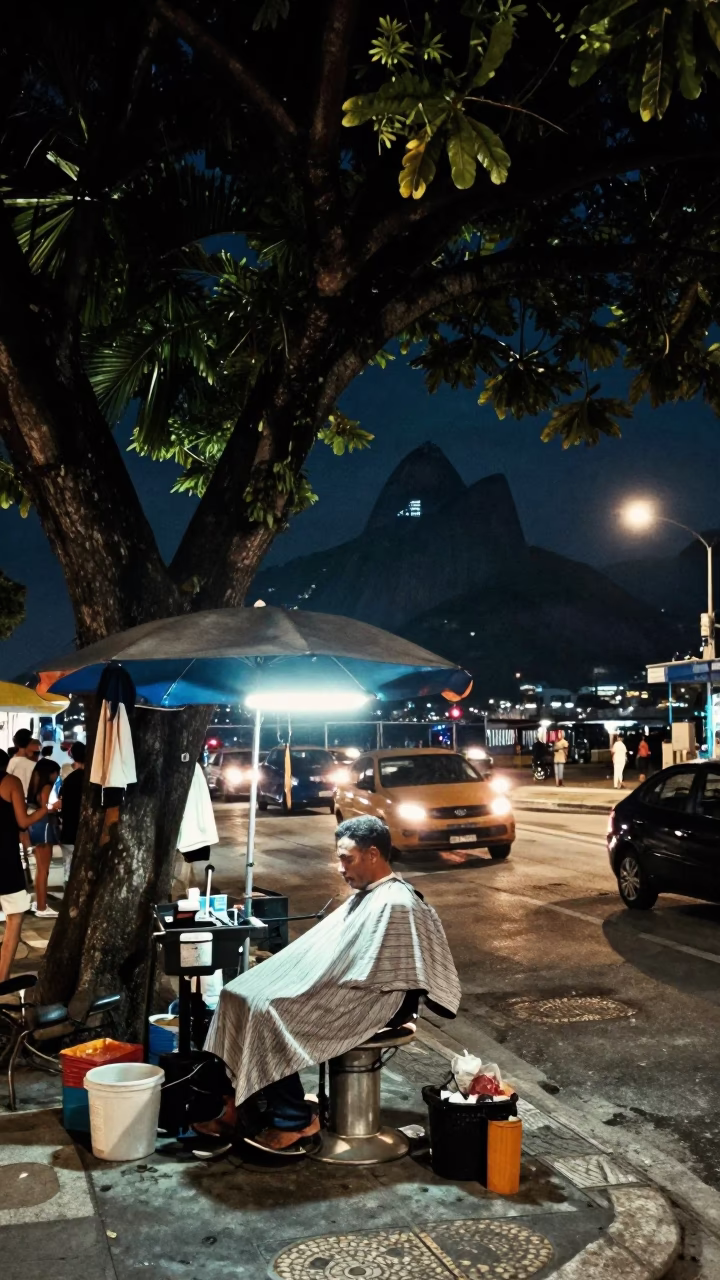 Late Night Rio Street Scene with Window Light and Pigeons in Brazil in in Rio de Janeiro, Brazil
