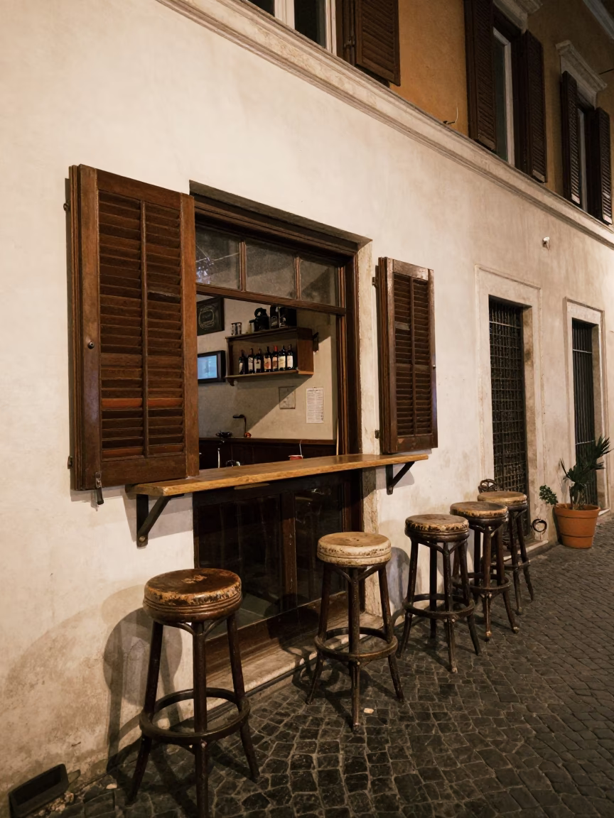 Late Night Roman Street Scene with Bar Stools and Condensation in Rome Italy in in Rome, Italy