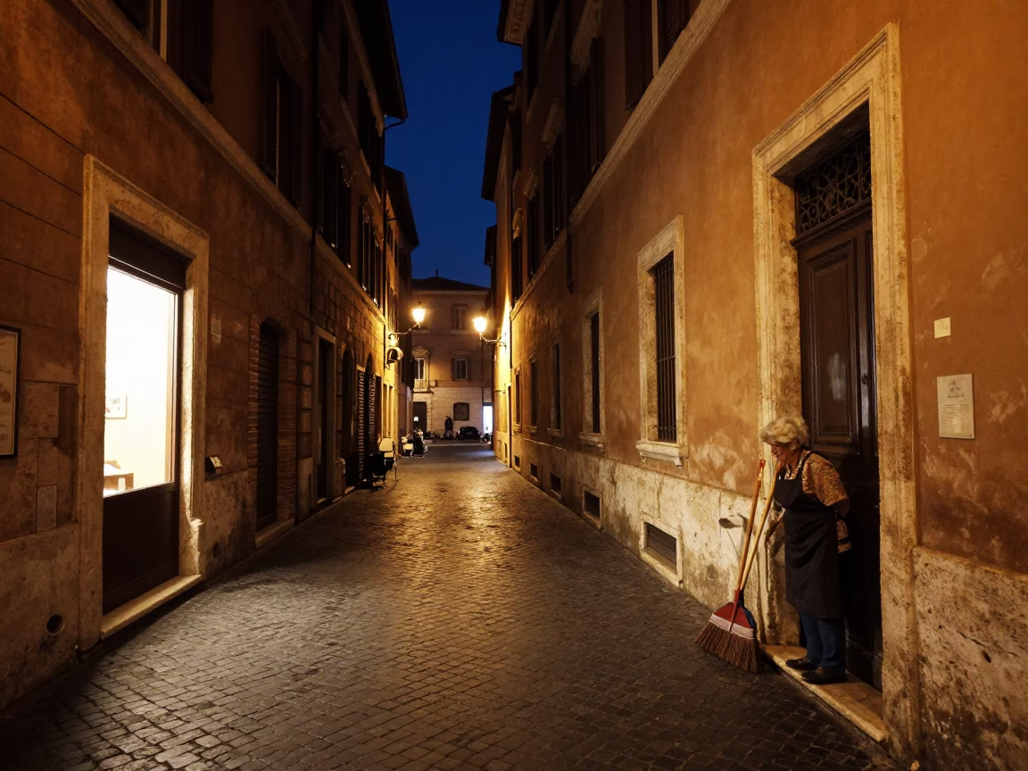 Late Night Roman Street Scene with Broom and Woven Shadows Under Starry Sky in in Rome, Italy