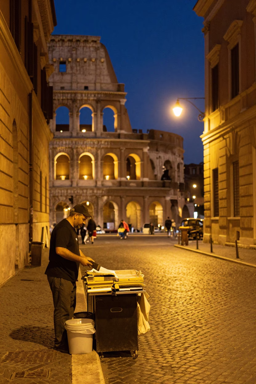 Late Night Roman Street Scene with Brush and Notebook on Cobblestones in in Rome, Italy