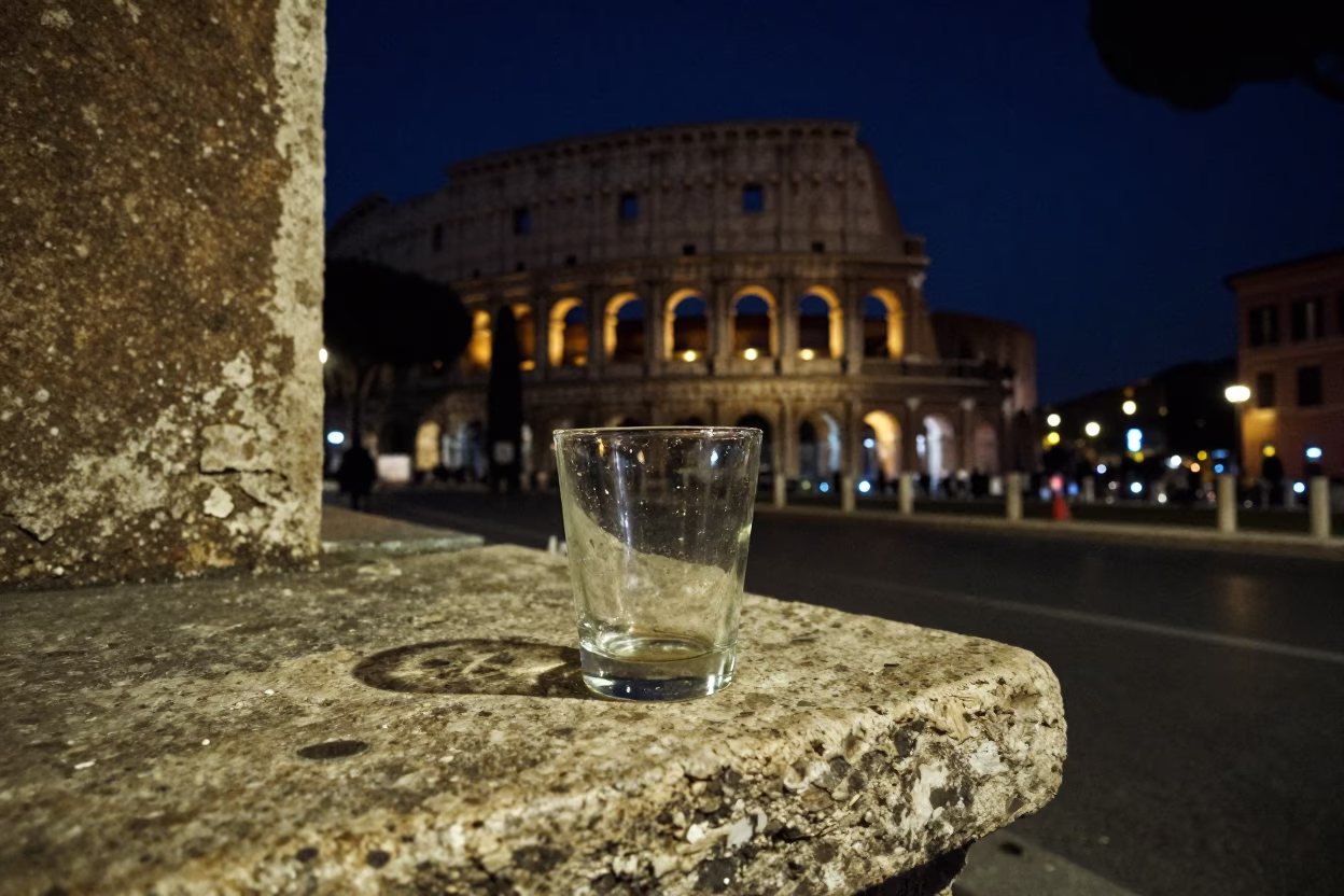 Late Night Roman Street Scene with Glass Tumbler and Crowbar Under Deep Night Sky in in Rome, Italy