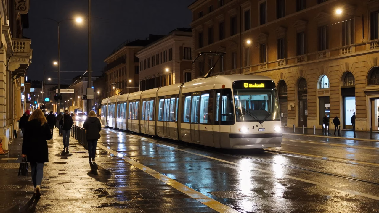 Late Night Roman Street Scene with Monorail Reflection and Tunnel Retaining Wall in in Rome, Italy