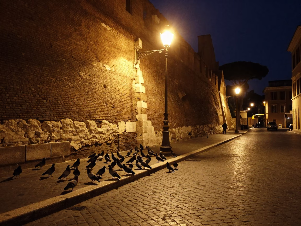 Late Night Roman Street Scene with Pigeons and Urban Lighting in in Rome, Italy