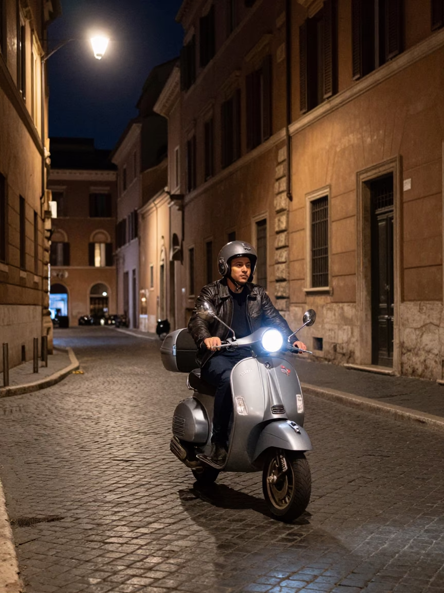 Late Night Roman Street Scene with Scooter and Goblet in Historic Italy in in Rome, Italy