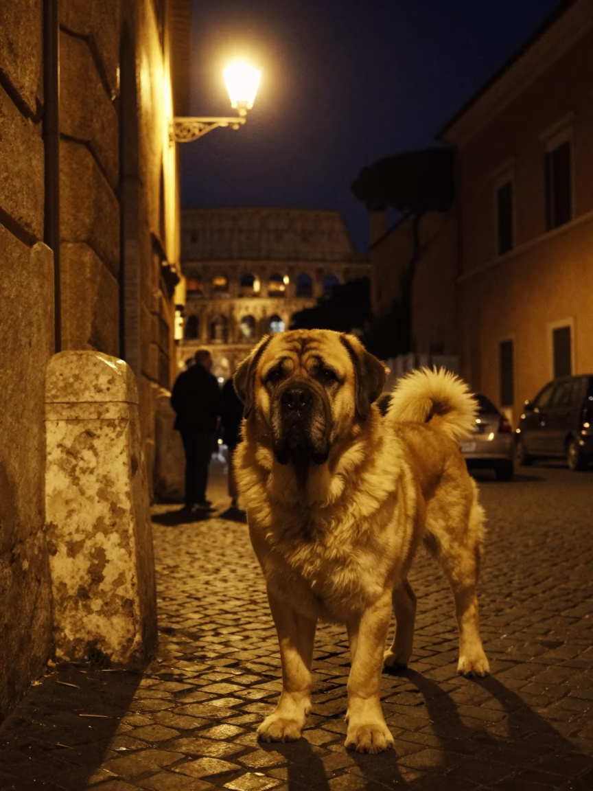 Late Night Roman Street Scene with Spanish Mastiff and Wicker Shadow in Rome Italy in in Rome, Italy