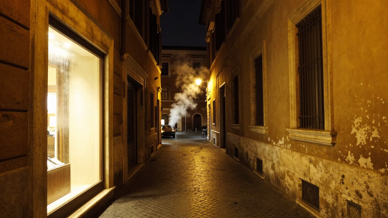 Late Night Roman Street Scene with Steam and Rusty Latch Details in in Rome, Italy