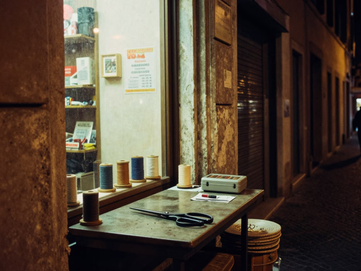 Late Night Roman Street Scene with Tailor Shears and Urban Details in in Rome, Italy