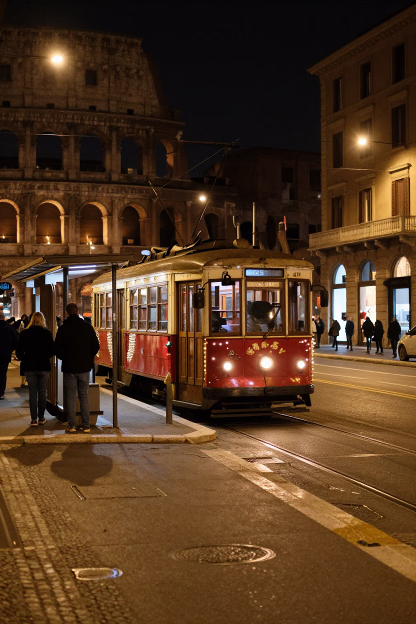 Late Night Roman Street Scene with Tram Car and Urban Details in in Rome, Italy