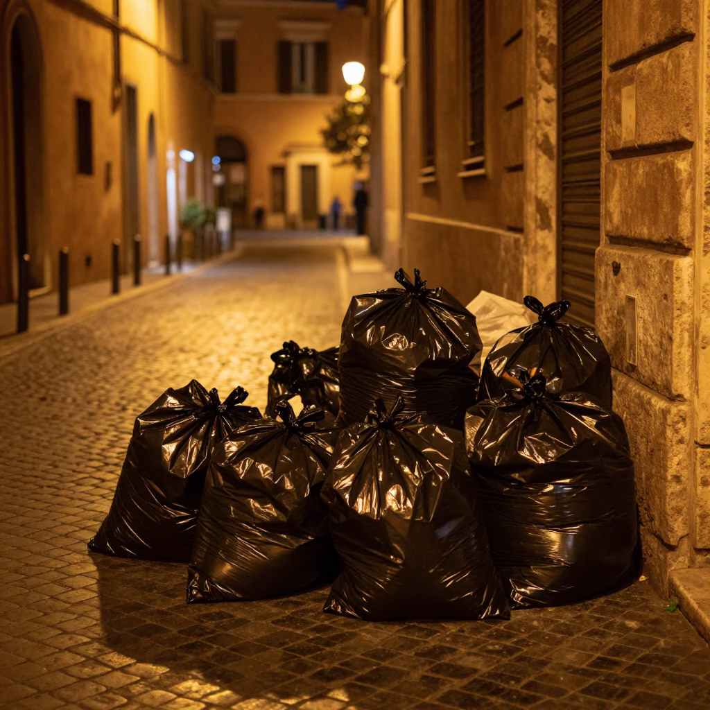 Late Night Roman Street Scene with Trash Bags and Stone Architecture in in Rome, Italy