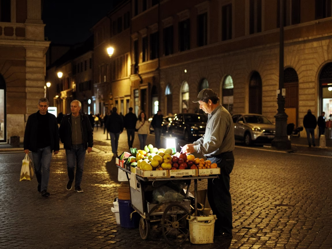 Late Night Roman Street Scene with Vendor and Urban Nightlife Elements in in Rome, Italy