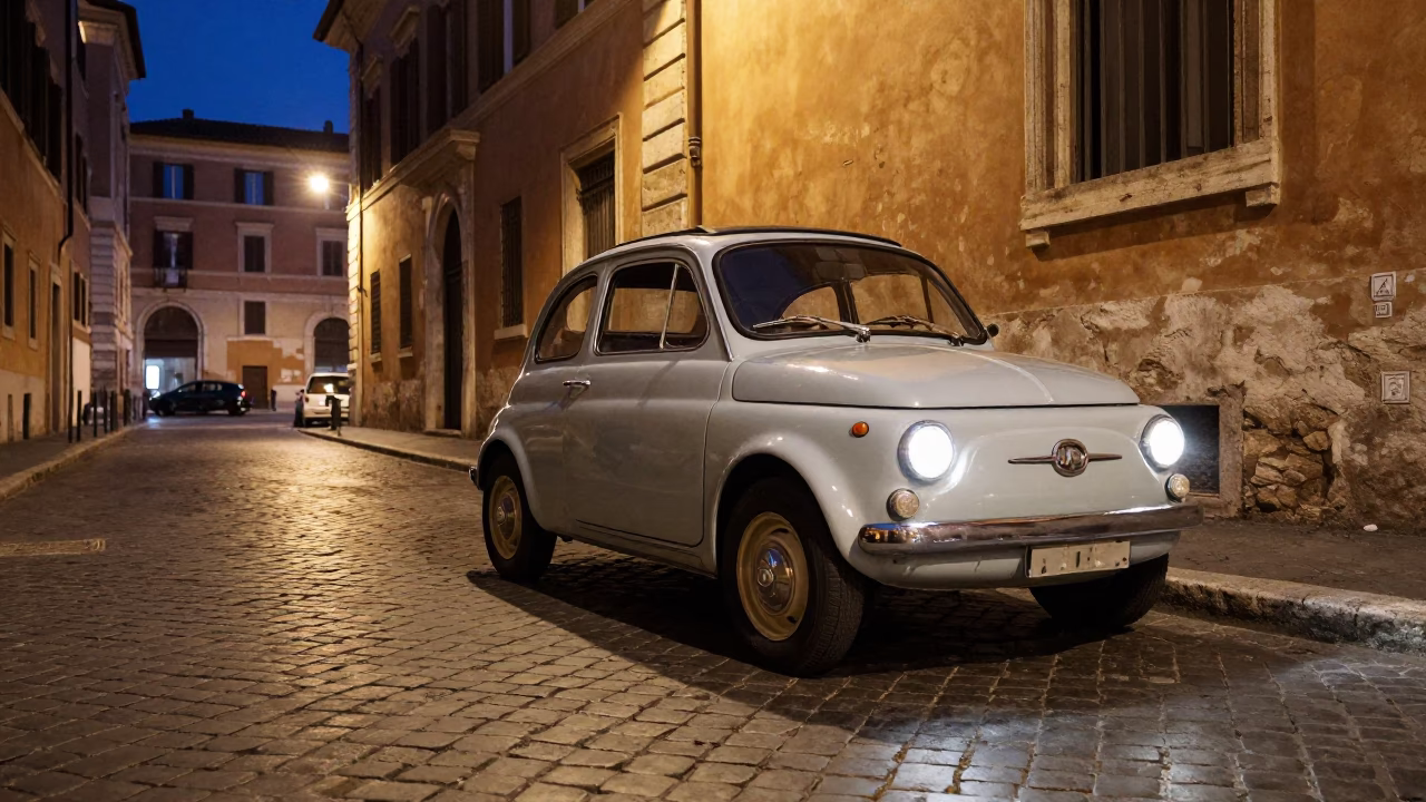 Late Night Roman Street Scene with Vintage Car and Cobblestones in in Rome, Italy