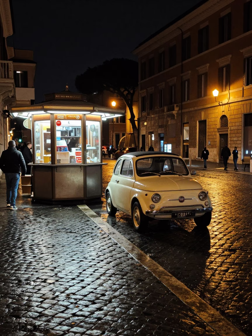 Late Night Roman Street Scene with Vintage Car and Neon Lights in in Rome, Italy