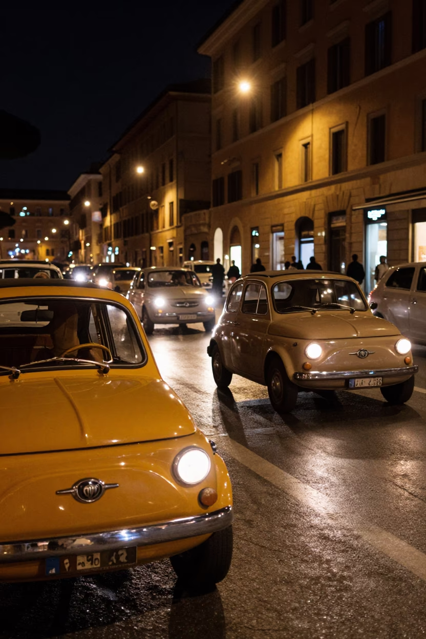 Late Night Roman Street Scene with Vintage Car Rally and Urban Architecture in in Rome, Italy