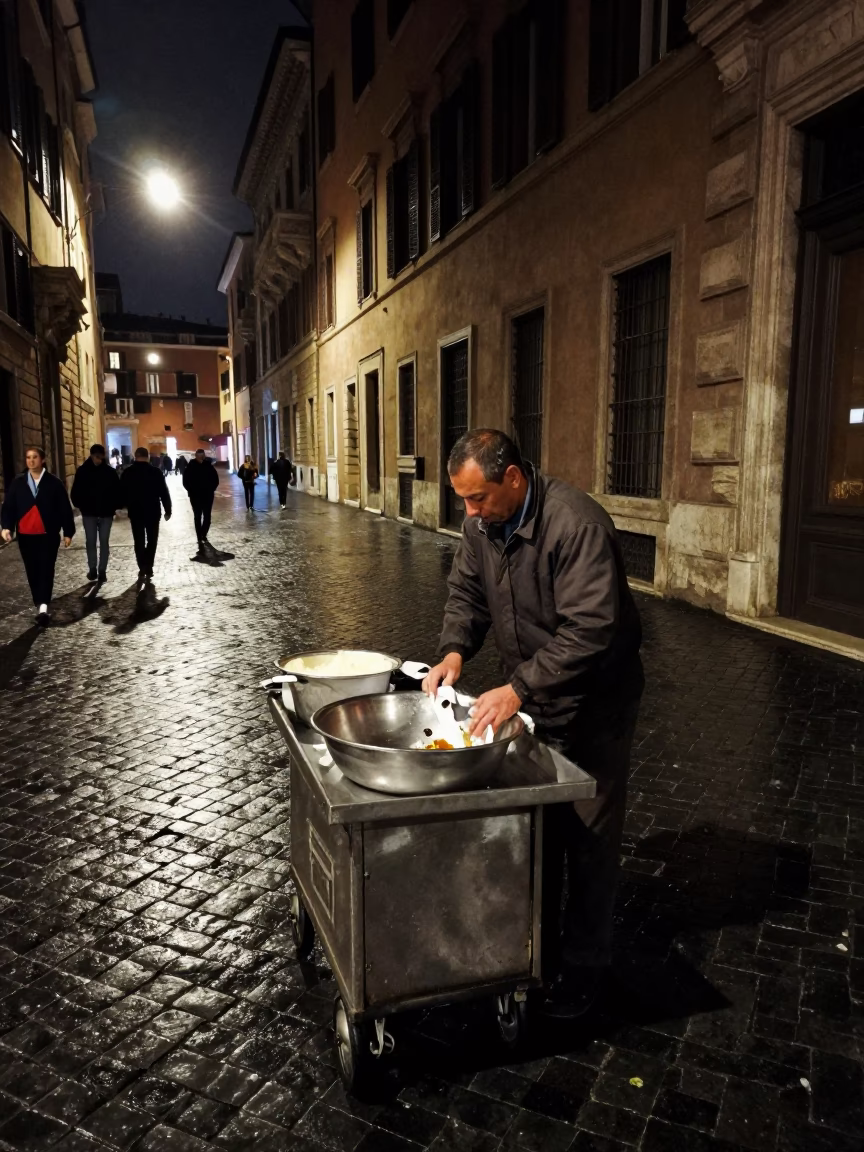 Late Night Roman Street Scene with Wet Flagstones and Street Vendor in in Rome, Italy