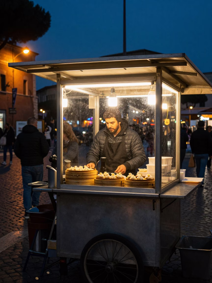 Late Night Roman Street Vendor with Dim Sum and Trolley in Historic City Center in in Rome, Italy