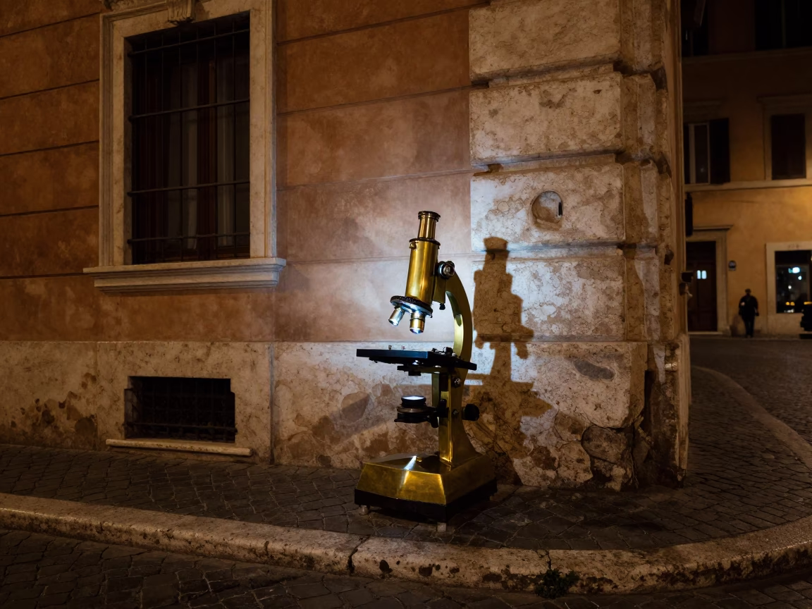 Late Night Rome Street Corner with Vintage Brass Microscope and Enamel Bowls in in Rome, Italy