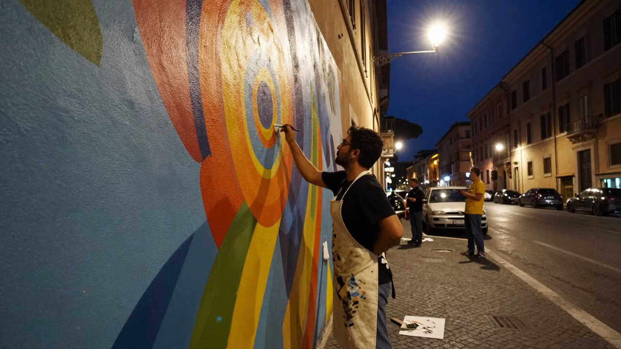 Late Night Rome Street Scene with Artist Painting Mural and Paint Flecks in in Rome, Italy