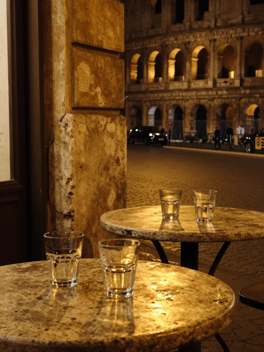 Late Night Rome Street Scene with Glass Tumblers and Urban Ambiance in in Rome, Italy