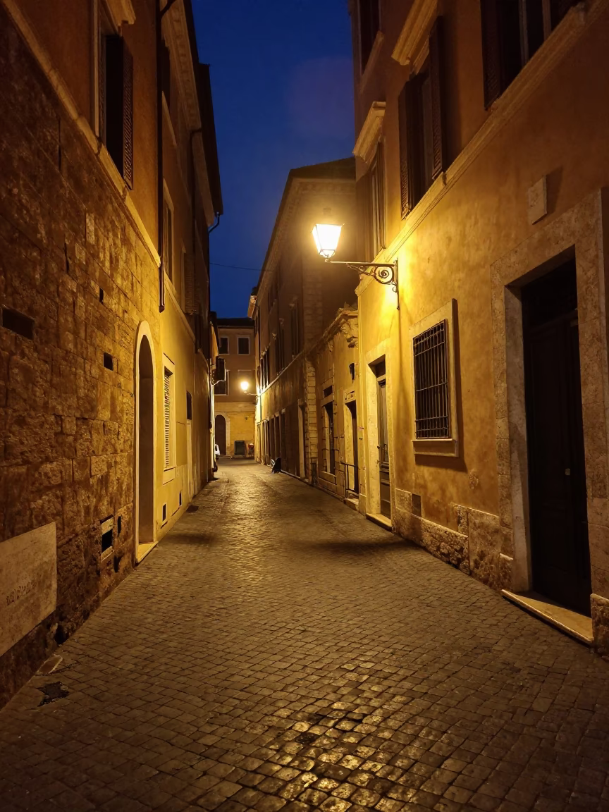 Late Night Rome Street Scene with Hurricane Lamp Illuminating Urban Details in in Rome, Italy