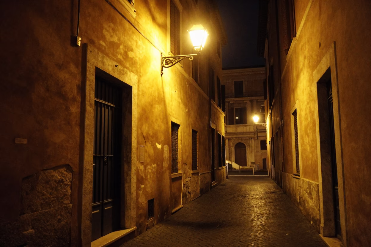 Late Night Rome Street Scene with Iron Door and Twine Detail in in Rome, Italy