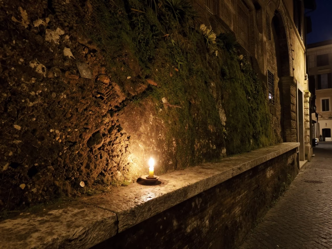 Late Night Rome Street Scene with Mossy Stone Wall and Candlelight in in Rome, Italy