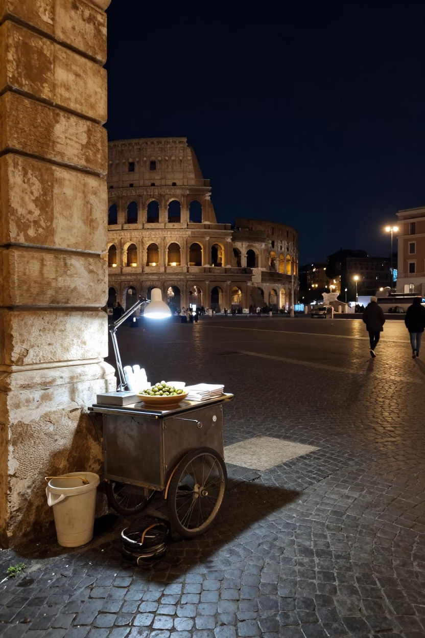 Late Night Rome Street Scene with Olive Dish and Desk Lamp Illumination in in Rome, Italy