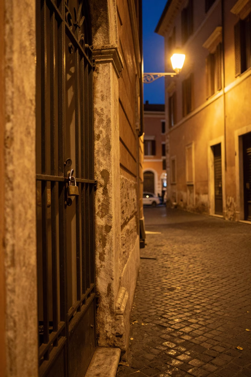Late Night Rome Street Scene with Padlock on Historic Metal Gate in in Rome, Italy