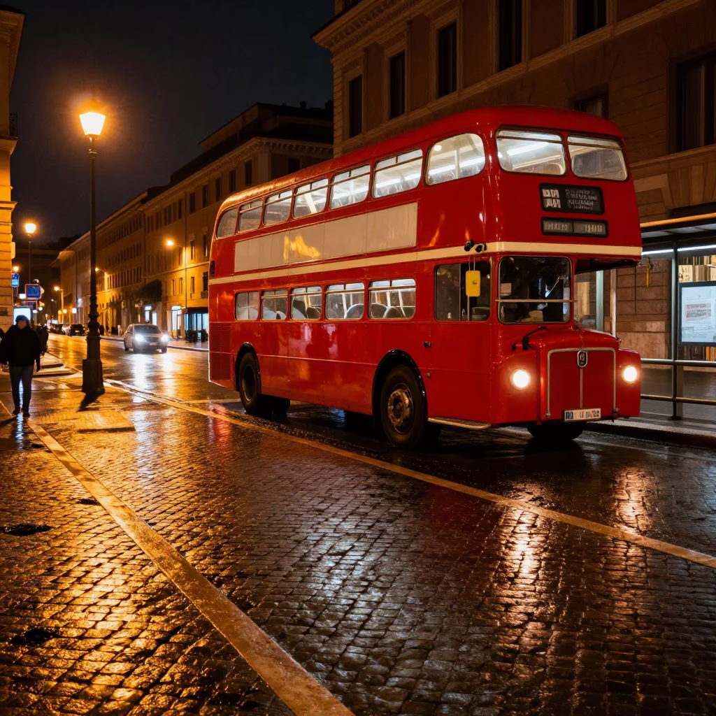 Late Night Rome Street Scene with Vintage 1970s Double-Decker Bus at Rainy Stop in in Rome, Italy