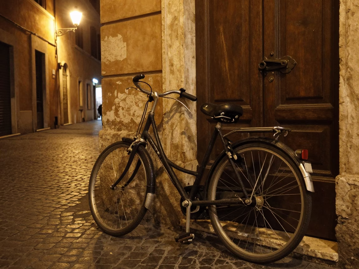 Late Night Rome Street Scene with Vintage Bicycle and Iron Deadbolt in in Rome, Italy
