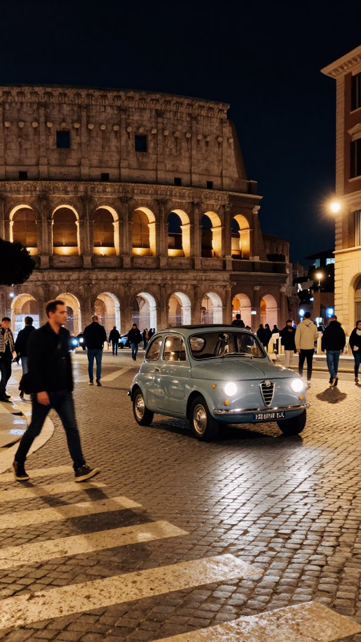 Late Night Rome Street Scene with Vintage Car and City Lights in in Rome, Italy