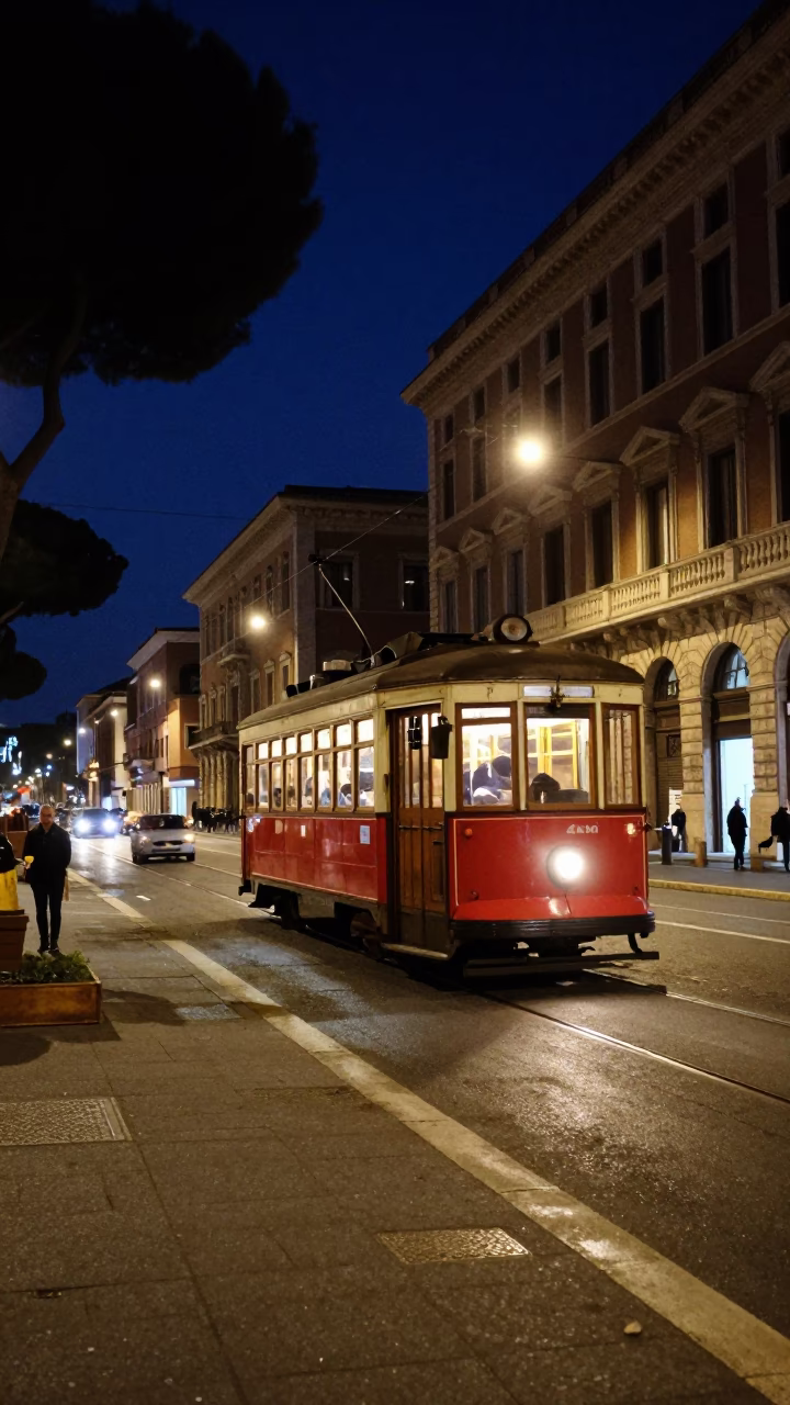 Late Night Rome Street Scene with Vintage Tram and Cobalt Sky in in Rome, Italy