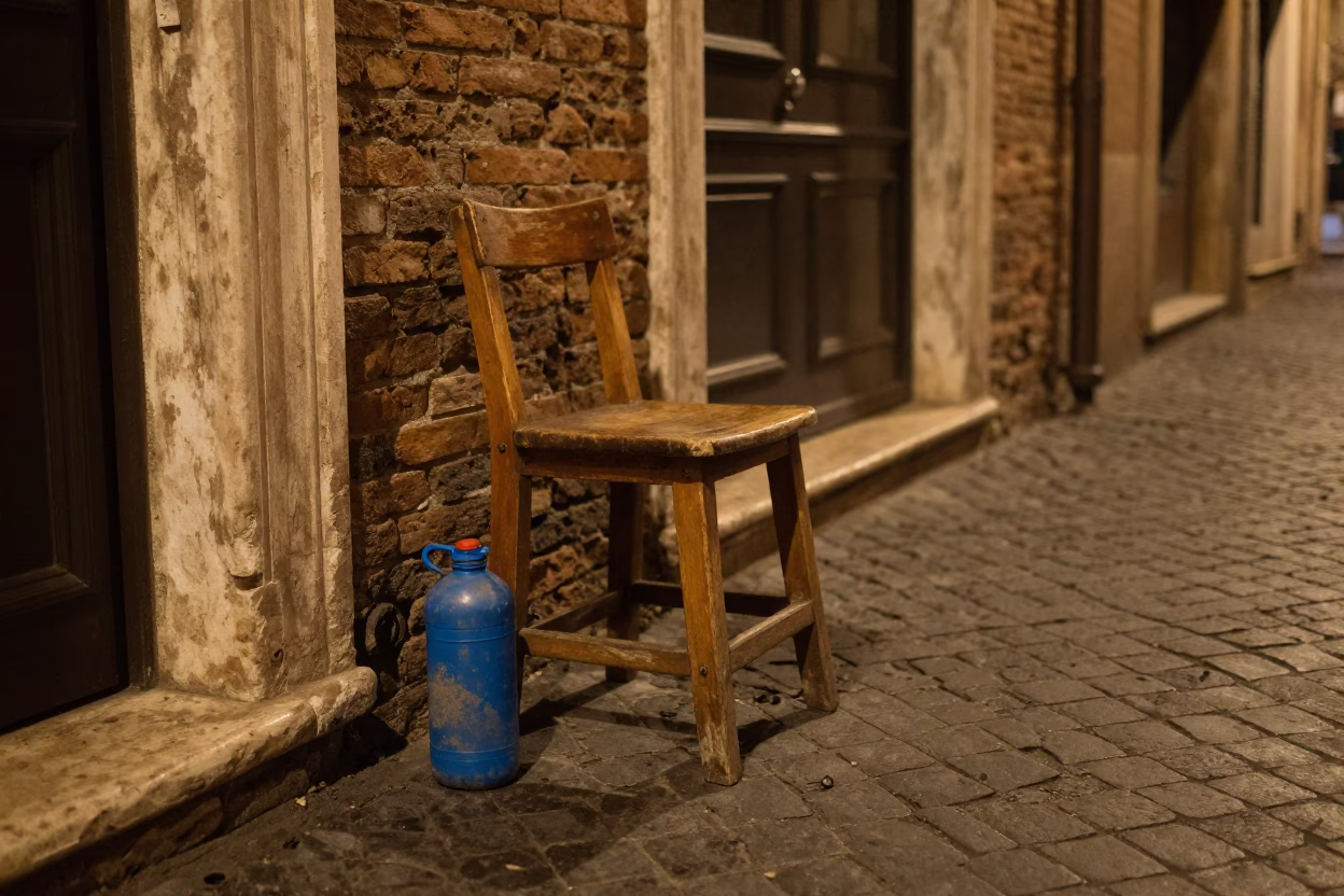 Late Night Rome Street Scene with Vintage Water Bottle and Wooden Stool in in Rome, Italy