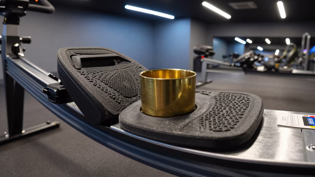 Late Night Rowing Footstrap Screw Cup in inside a spin studio under class lights near Maroua