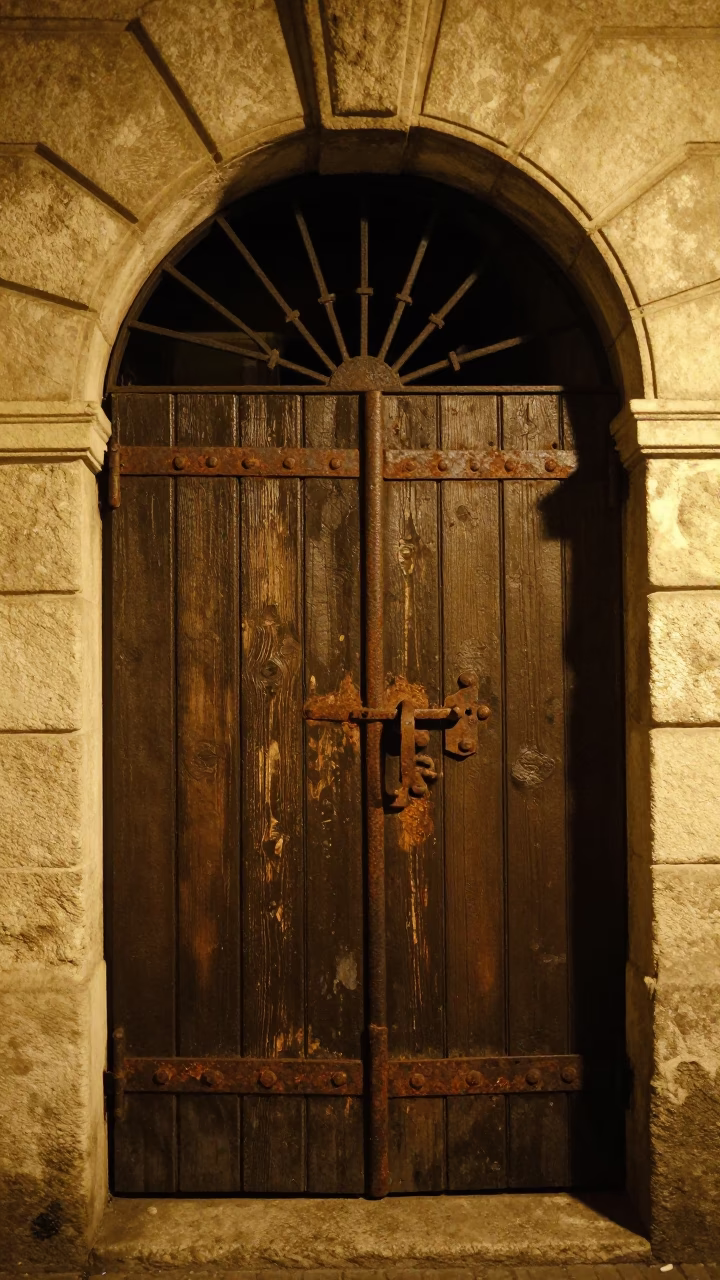 Late Night Rusty Iron Gate and Smudged Wood in Historic Krakow Poland in in Krakow, Poland