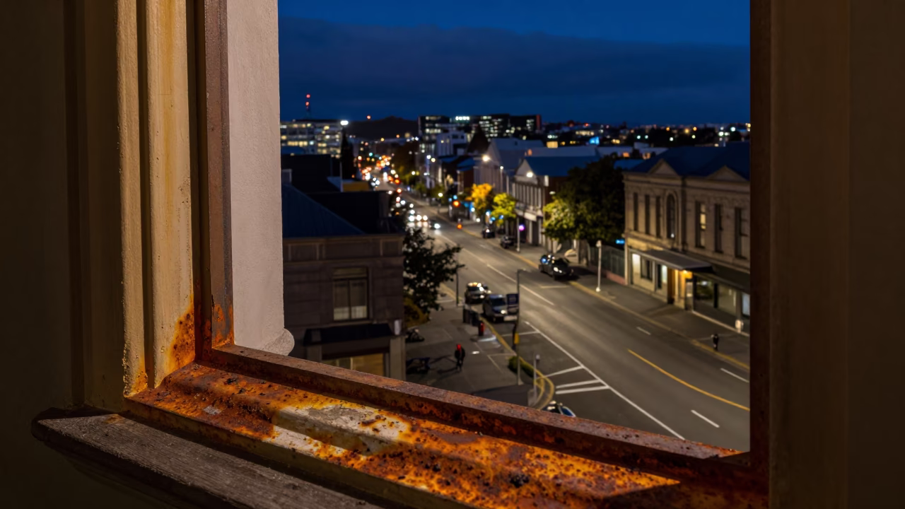 Late Night Rusty Sill View of Christchurch New Zealand City Streets in in Christchurch, New Zealand