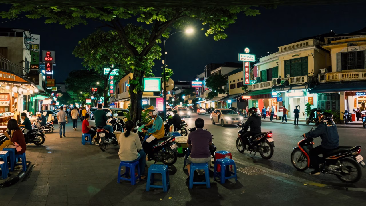 Late Night Saigon Street Scene with Motorcycle and Plastic Stools in in Ho Chi Minh City, Vietnam