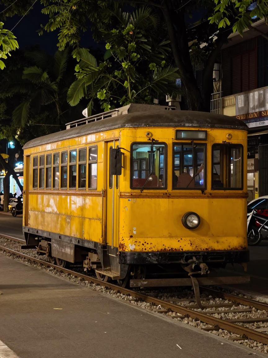 Late Night Saigon Street Scene with Vintage Yellow Trolley and Tree Lined Avenue in in Ho Chi Minh City, Vietnam
