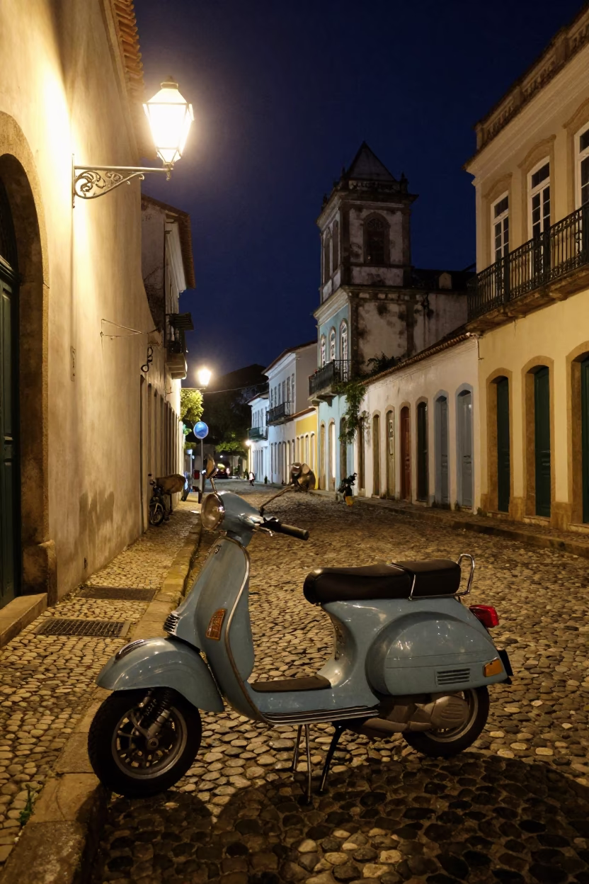 Late Night Salvador Brazil Cobblestone Street Vintage Vespa and Lantern Light in in Salvador, Brazil
