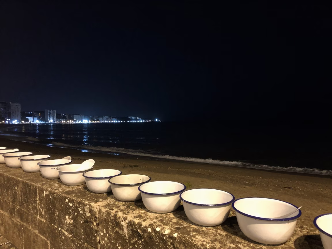 Late Night Salvador Brazil Street Scene with Enamel Bowls and Urban Horizon in in Salvador, Brazil