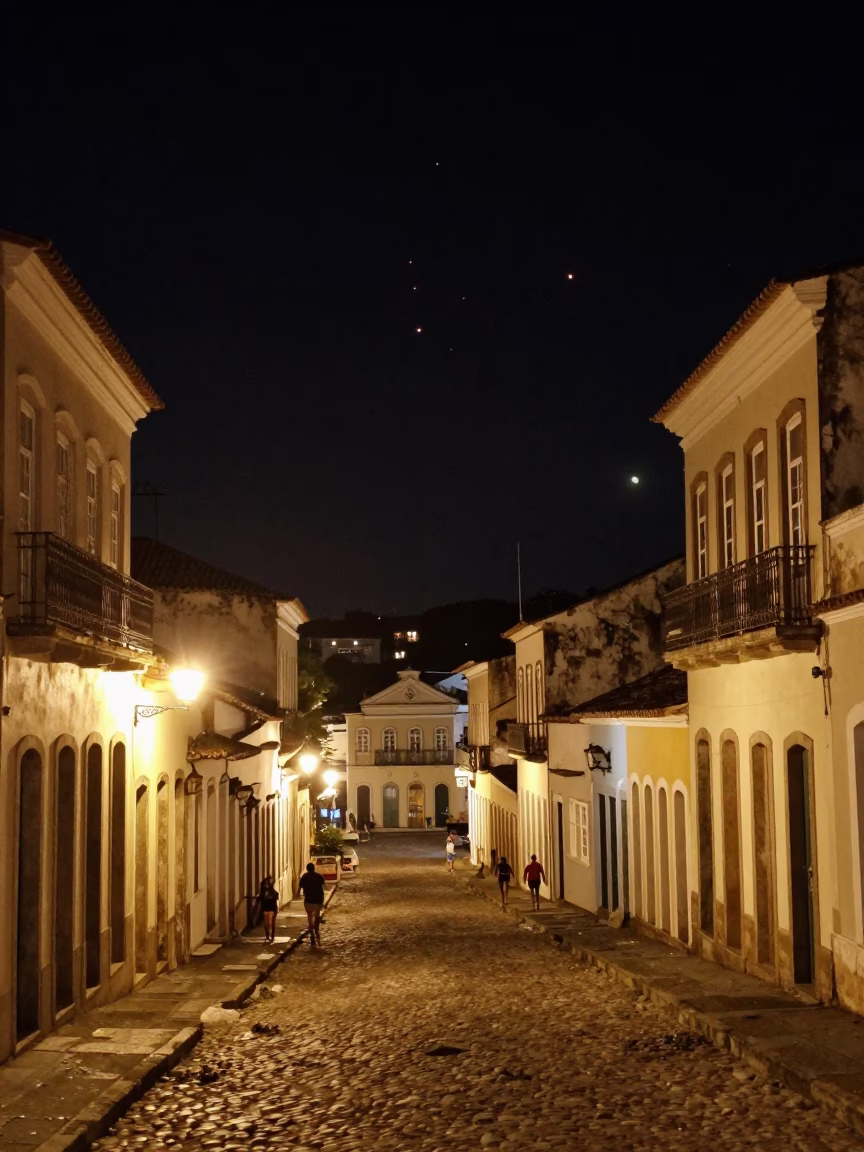 Late Night Salvador Brazil Street Scene with Lanterns and Local Life in in Salvador, Brazil