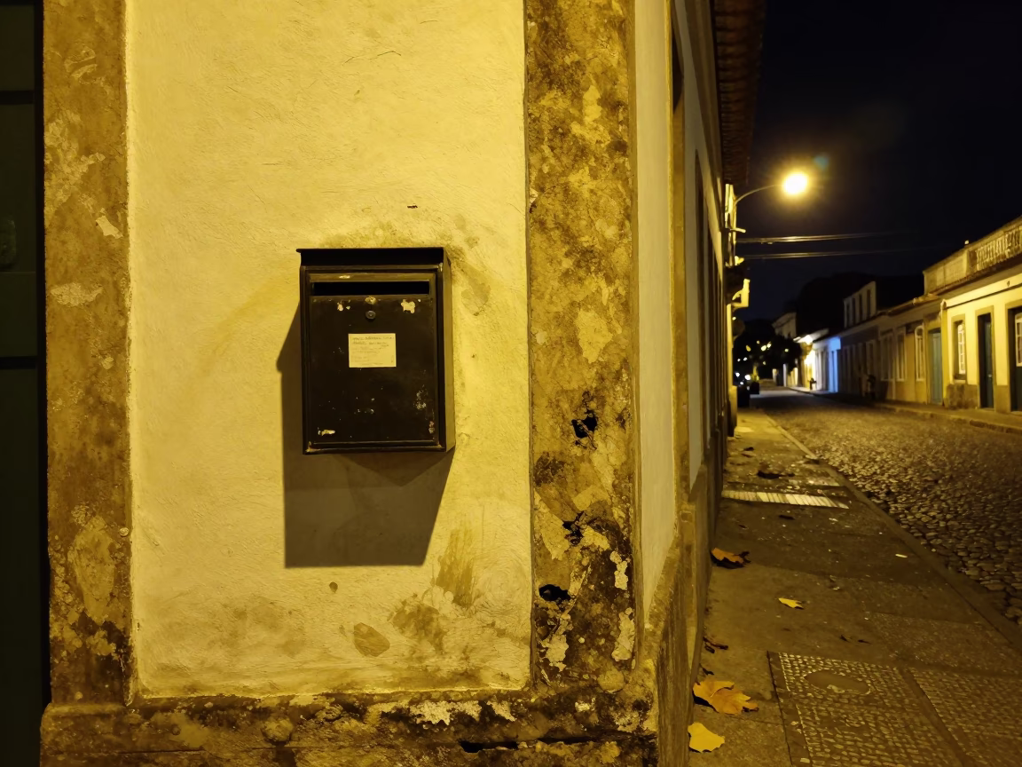 Late Night Salvador Brazil Street Scene with Mailbox and Leaf Shadows in in Salvador, Brazil
