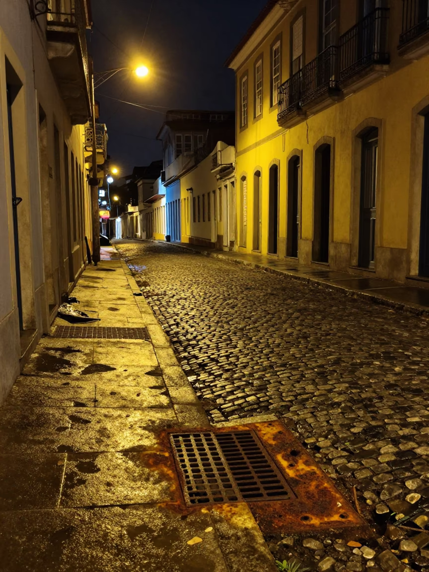 Late Night Salvador Brazil Street Scene with Rusty Drain and Vintage Atmosphere in in Salvador, Brazil