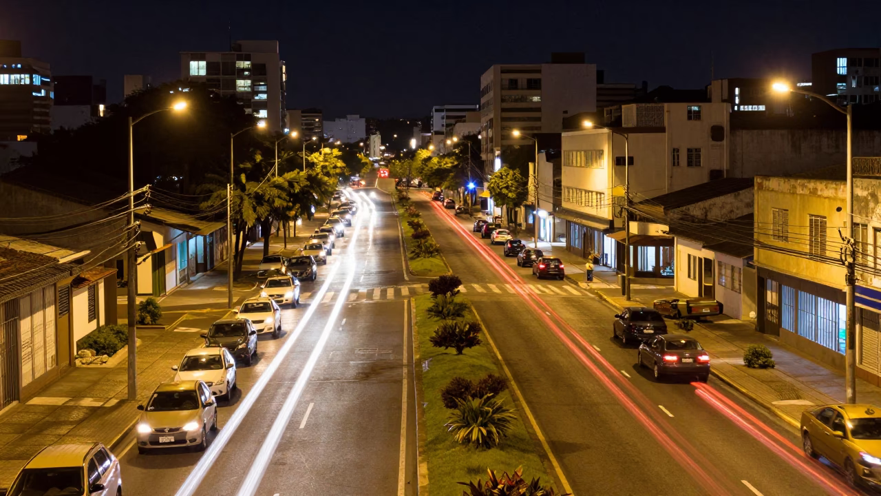 Late Night Salvador Brazil Street Scene with Taillight Streaks and Urban Overpass in in Salvador, Brazil