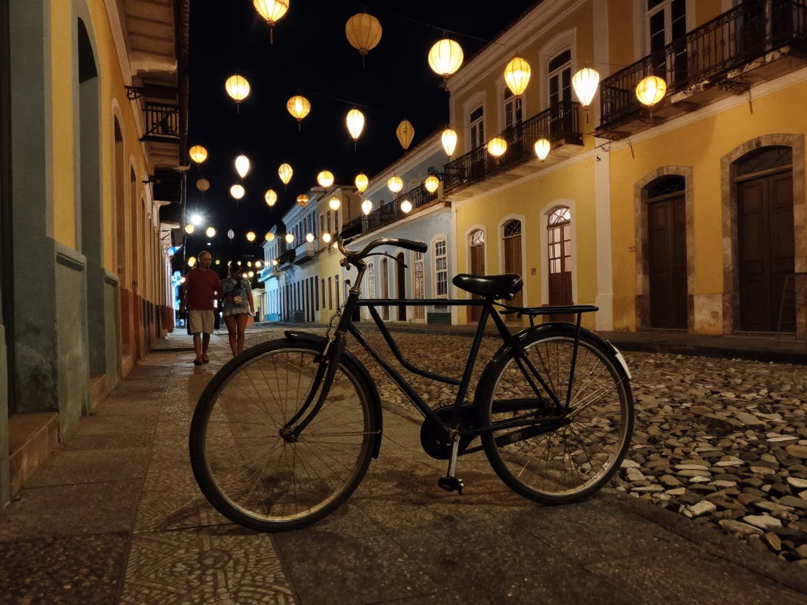 Late Night Salvador Brazil Street Scene with Vintage Bicycle and Lanterns in in Salvador, Brazil