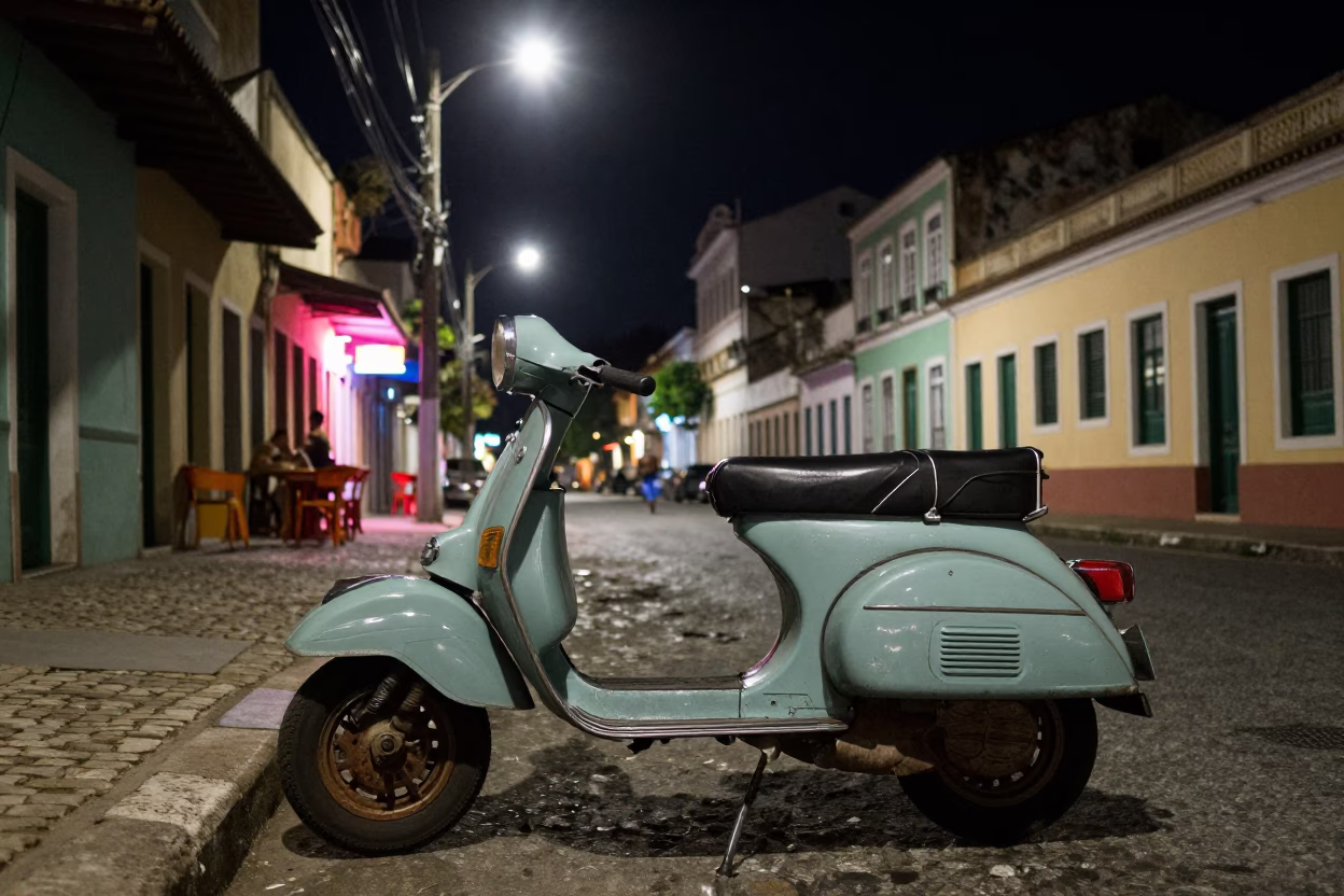 Late Night Salvador Brazil Street Scene with Vintage Scooter and Neon Lights in in Salvador, Brazil
