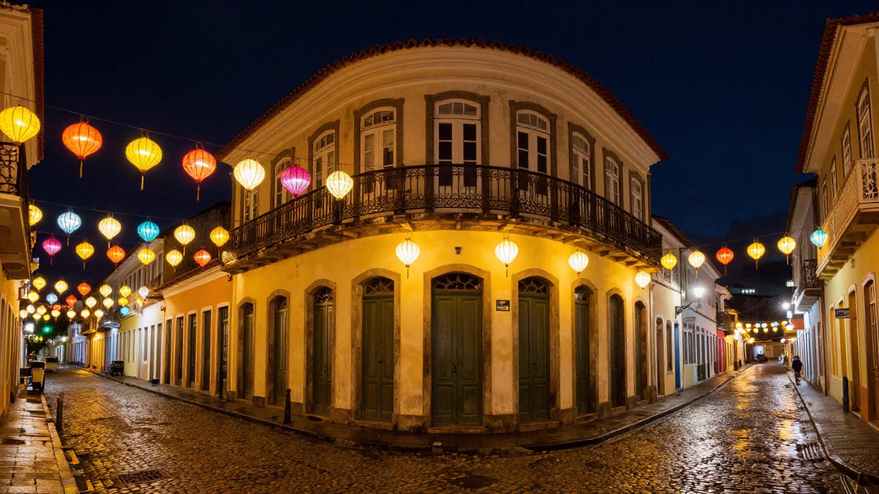 Late Night Salvador Street Scene with Colorful Lanterns and Cobblestone Reflections in in Salvador, Brazil