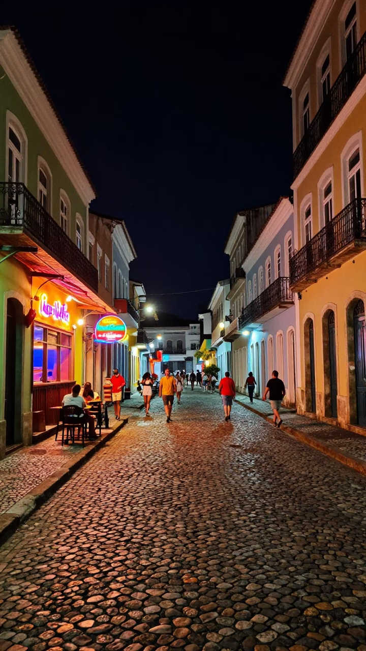 Late Night Salvador Street Scene with Colorful Neon and Urban Activity in in Salvador, Brazil